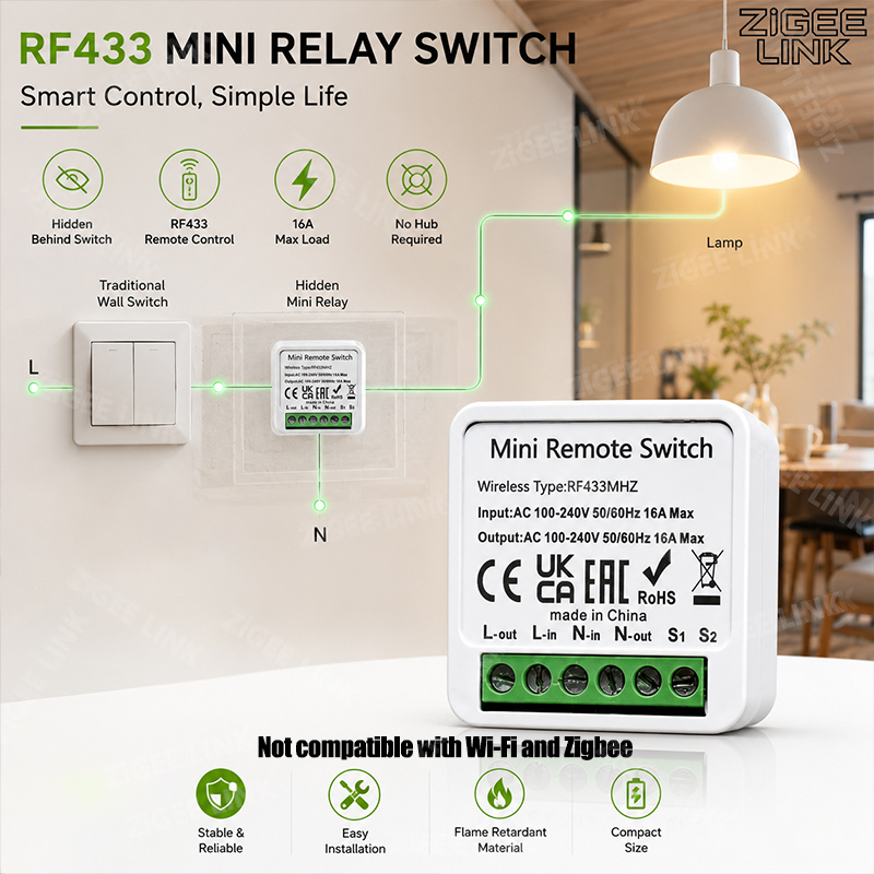 Diy Home Automation System - Миниатюрный умный релейный приемник RF433МГц 16А,